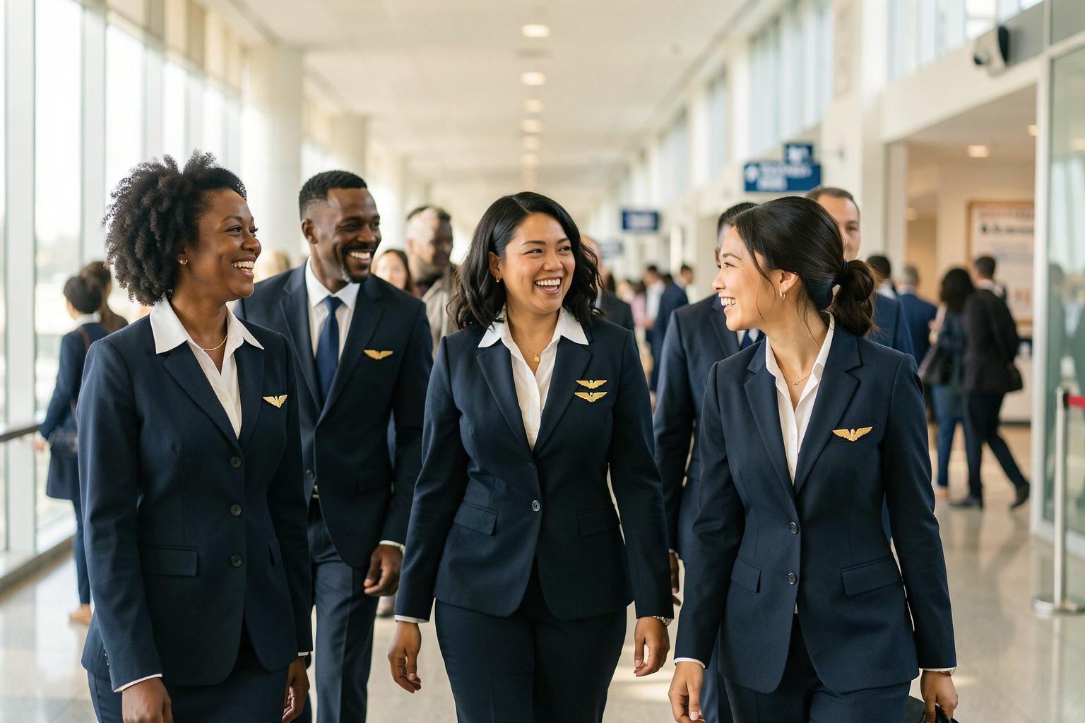 A diverse crew of flight attendants in navy uniforms walking together through a sunlit terminal corridor