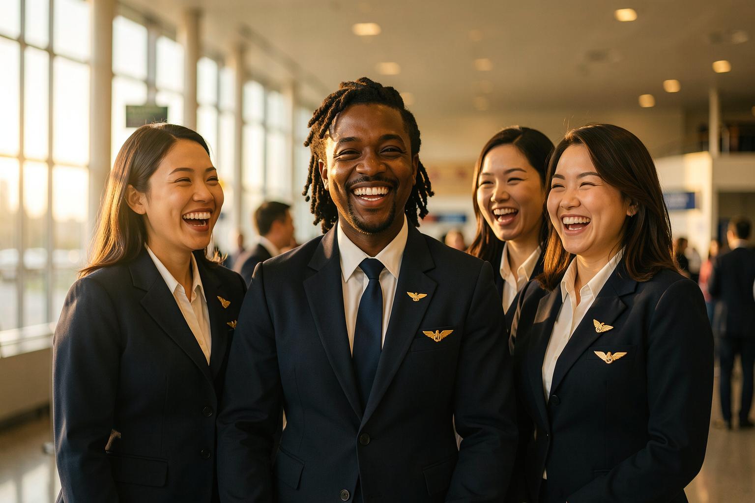 A warm, diverse crew of flight attendants — Black women and men alongside colleagues of every background — in navy uniforms, smiling together in a sunlit airport terminal