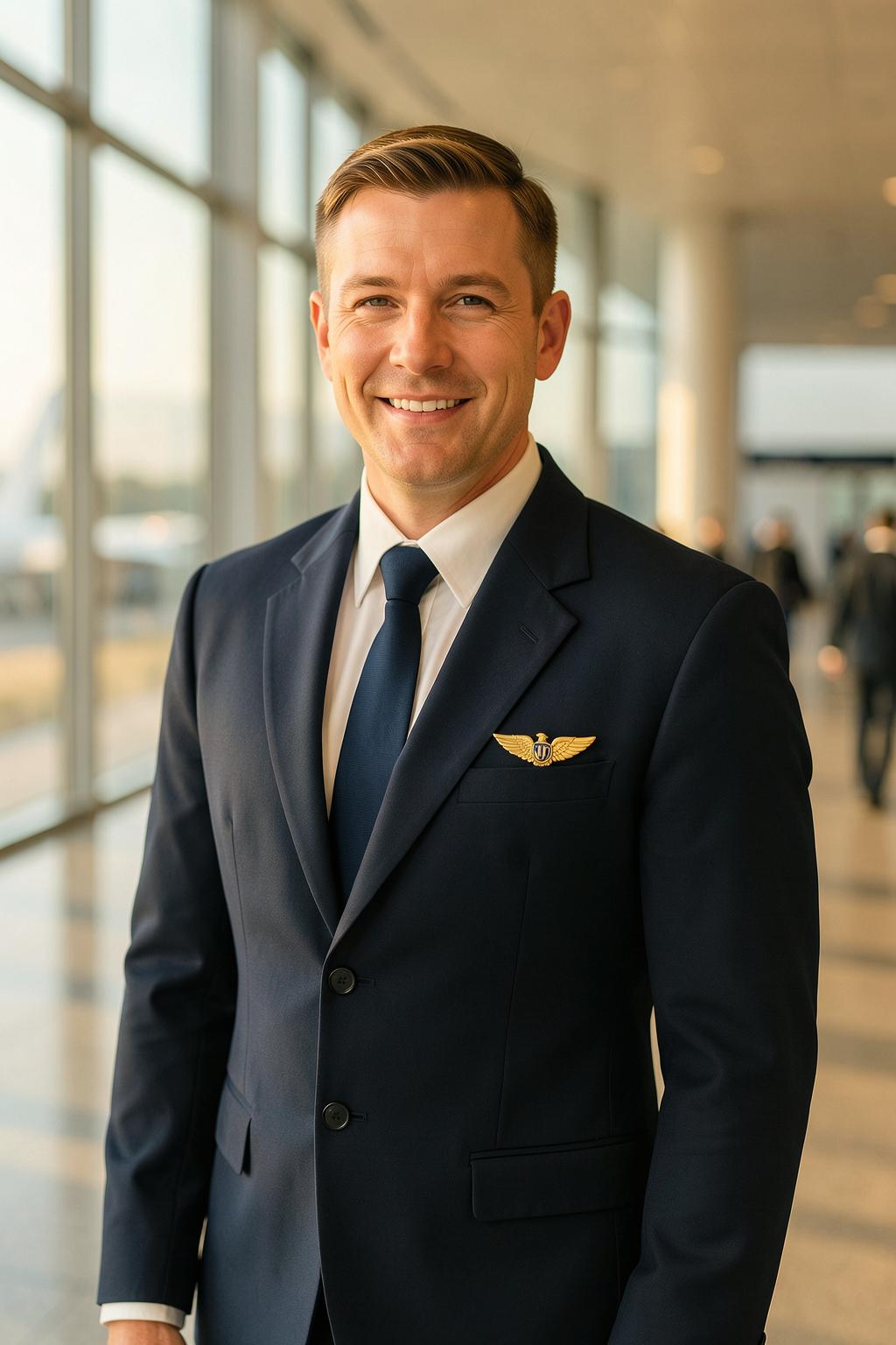 A white male flight attendant in a deep navy uniform, smiling warmly in a sunlit terminal