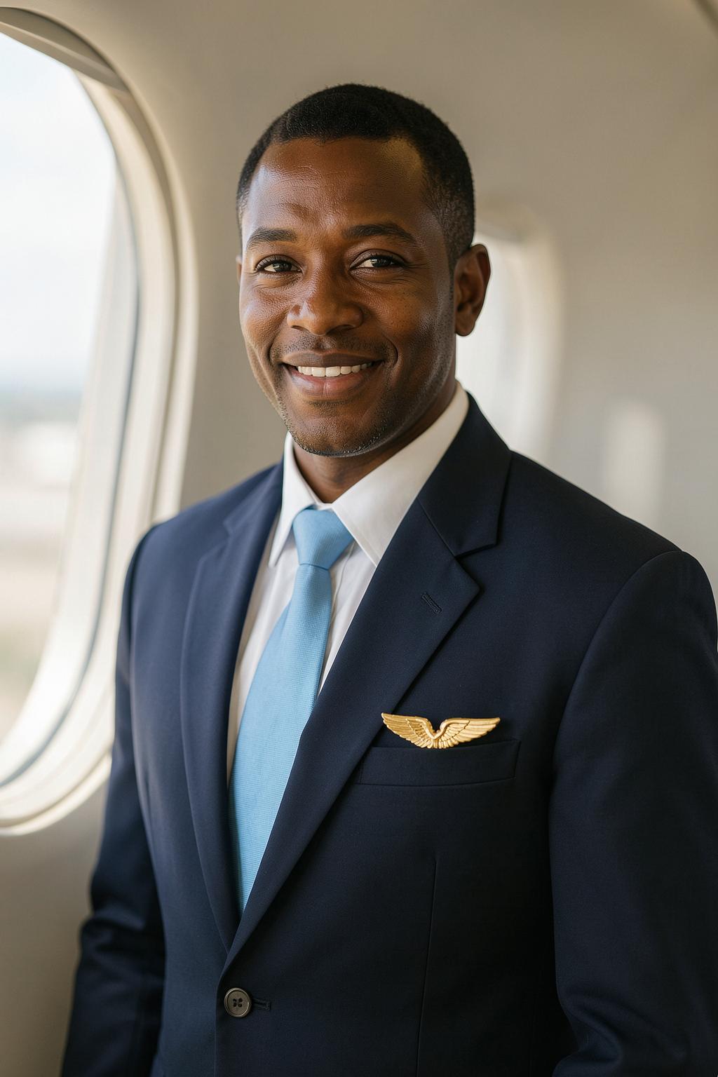 A Black male flight attendant in a deep navy uniform, standing by an aircraft window with soft daylight