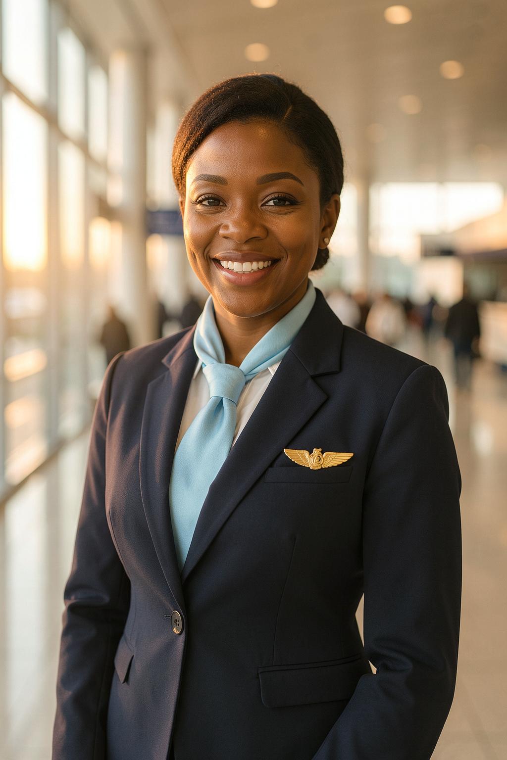 A Black female flight attendant in a deep navy uniform, smiling warmly in a sunlit terminal