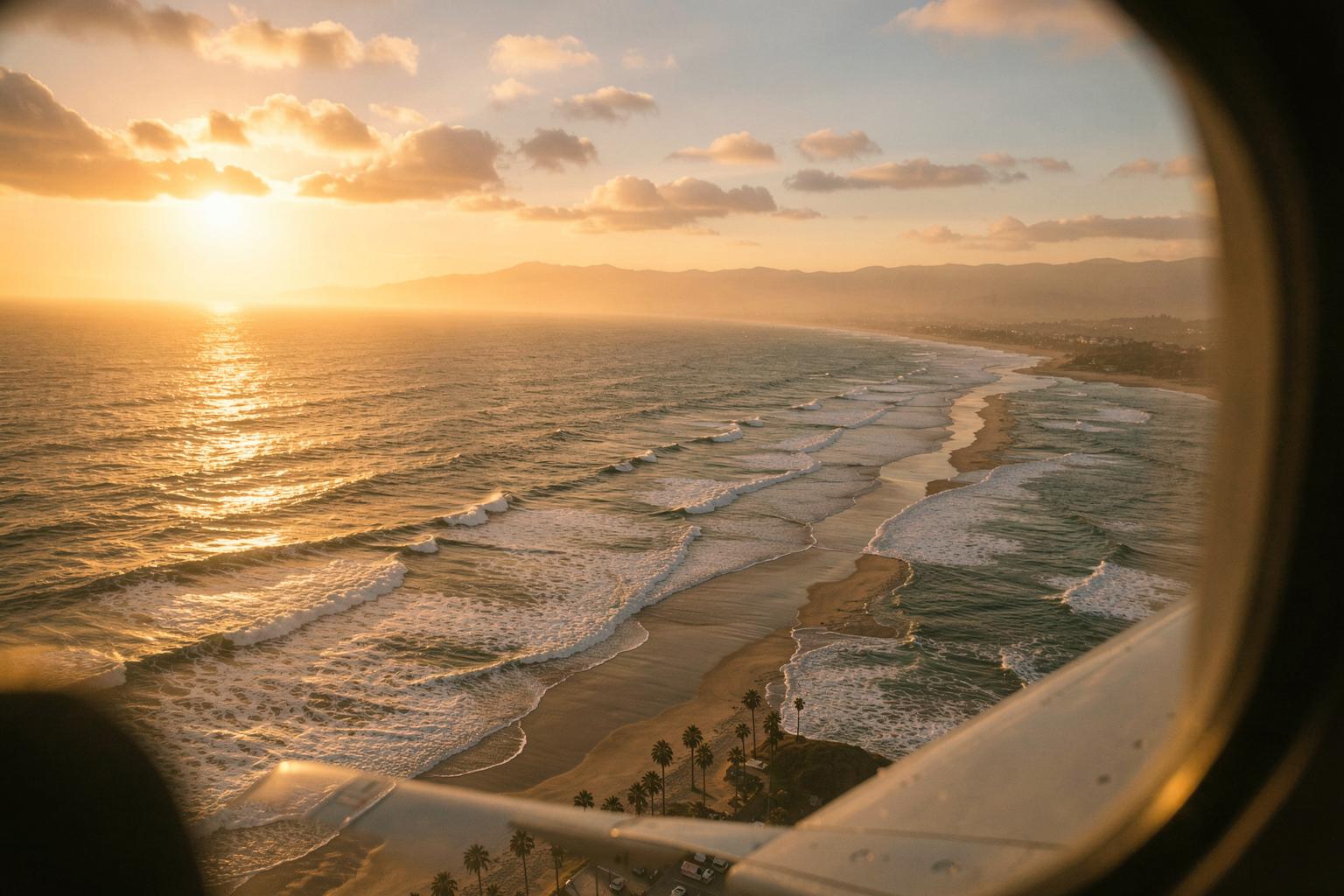 Guild flights cross the country — sunlight over the California coastline seen from the air